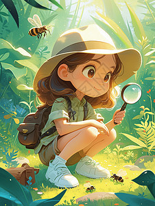 手拿着放大镜蹲在森林中观察昆虫的卡通小女孩图片
