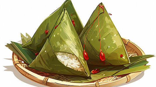 绿色叶子包裹的传统卡通粽子图片