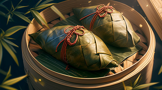 在竹筐中传统美食粽子图片