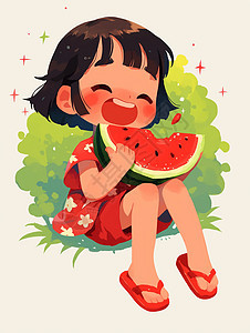 可爱的小女孩坐着开心吃西瓜图片