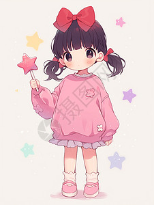 头上戴着粉色蝴蝶结发卡的可爱卡通小孩手拿着星星棒棒糖图片