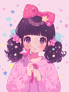 头上戴着粉色蝴蝶结发卡的可爱卡通小女孩手拿着星星棒棒糖图片