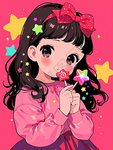 头上戴着粉色蝴蝶结发卡的可爱小女孩手拿着星星棒棒糖图片