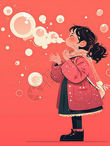 扁平风卡通小女孩在吹肥皂泡图片