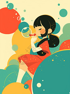 扁平风可爱的卡通小女孩在皂泡图片