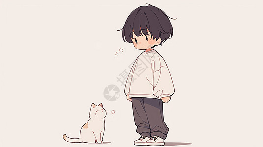 一个可爱的卡通小男孩与他可爱色卡通宠物猫图片