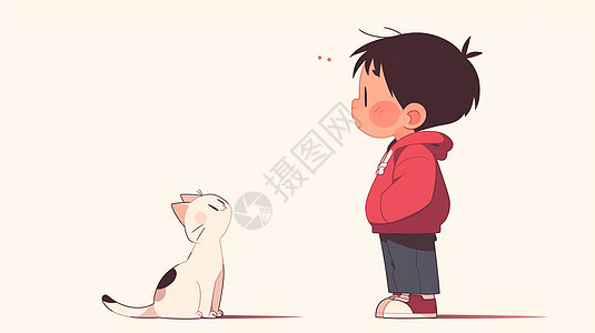 一个可爱的卡通小男孩与他可爱色卡通宠物猫图片