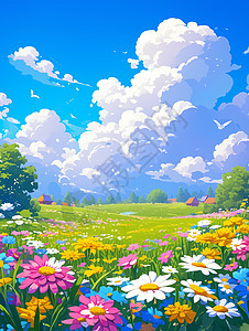 蓝天白云下一大片盛开梦幻唯美的花朵图片