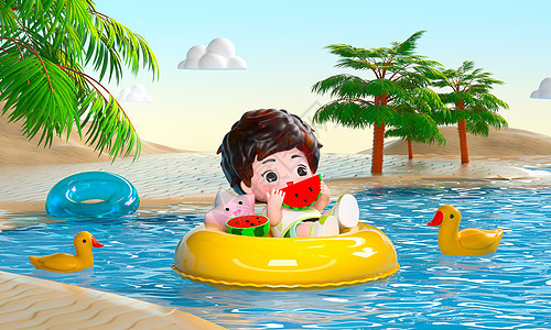 c4d立体小男孩坐在游泳圈里吃西瓜场景图片