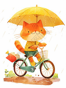 雨中骑着自行车打着雨伞的可爱卡通小花猫图片