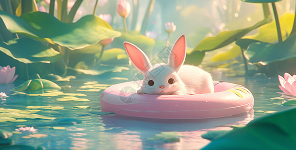 一只白色卡通小白兔悠闲的趴在荷塘中游泳圈上睡觉图片