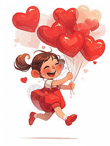 穿着红色背带裤拿着爱心气球开心奔跑的卡通小女孩图片