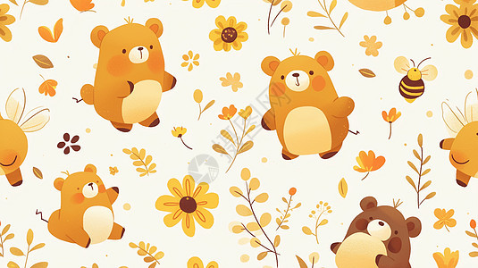 小熊与花朵可爱的卡通背景图片