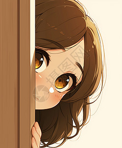 躲藏在门后的大眼睛可爱的卡通小女孩图片