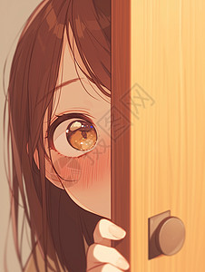 躲藏在门后的大眼睛可爱的卡通小女孩图片