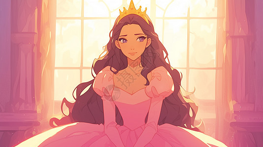 坐在窗边头上戴着皇冠穿着公主裙的卡通女孩图片