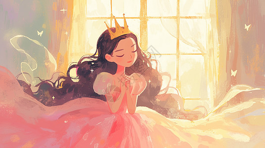 坐在窗边头上戴着皇冠穿着粉色公主裙的女孩图片