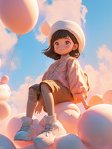 坐在气球上戴着帽子的立体可爱卡通小女孩图片