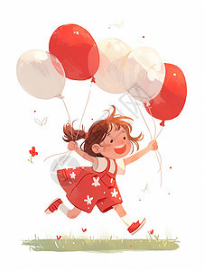 拿着气球开心奔跑的卡通小女孩图片