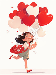 拿着气球开心奔跑的可爱卡通小女孩图片