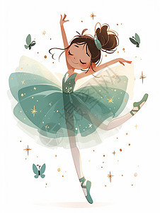 身穿绿色连衣裙开心跳舞的卡通小女孩图片