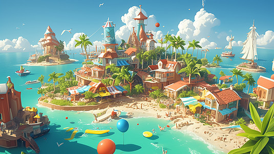 大海中梦幻唯美的卡通度假岛图片