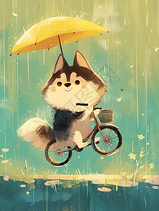 雨中骑着自行车打着黄色小伞的卡通小狗图片