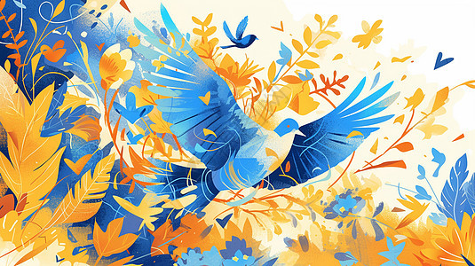从花丛中飞出的蓝色卡通小鸟图片