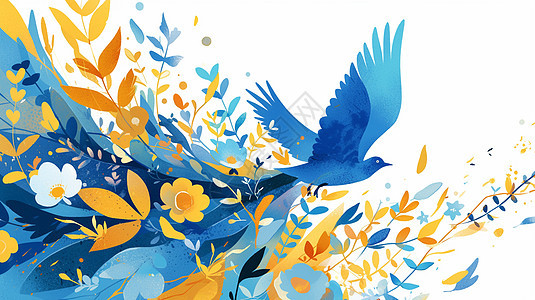 从花丛中飞出的蓝色卡通小鸟图片