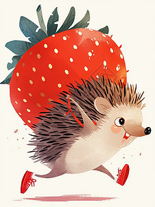 抱着红色大大的草莓的开心奔跑的卡通小刺猬图片