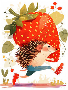 抱着红色草莓的开心奔跑的卡通小刺猬图片