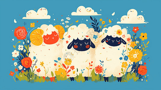 花丛中三只可爱的卡通小羊图片