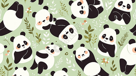 绿色背景上各种可爱的卡通大熊猫图片