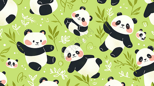 绿色背景上各种可爱的卡通熊猫图片