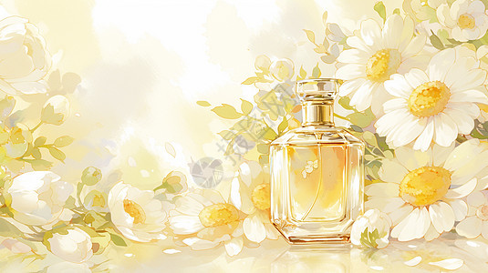 美丽的花丛中一瓶卡通香水图片