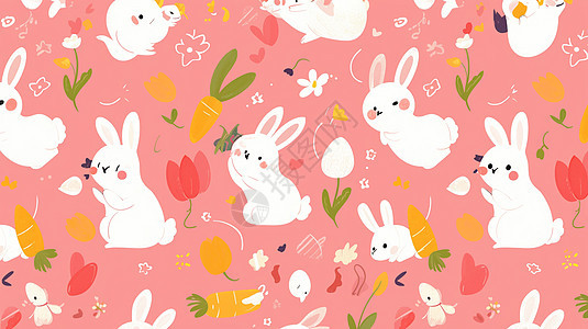 粉色背景上各种卡通小白兔图案图片