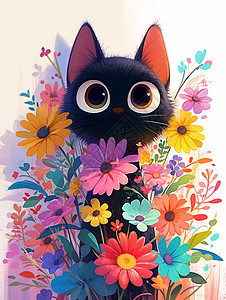 彩色花丛中一只可爱的卡通小黑猫图片