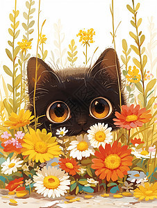 花丛中一只可爱的卡通小黑猫图片