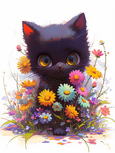 彩色花丛中一只卡通小黑猫图片