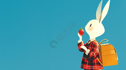 一个背着书包的可爱卡通小白兔与小小的红色草莓图片