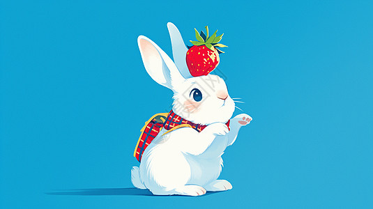 一个背着书包的卡通小白兔与小小的红色草莓图片