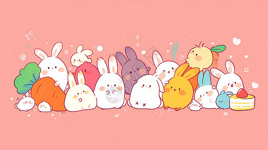一群可爱的卡通小白兔与胡萝卜图片