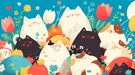 一群可爱的可爱的卡通花猫图片