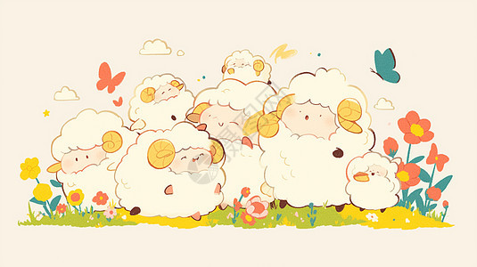 草地上一群可爱的卡通小羊图片