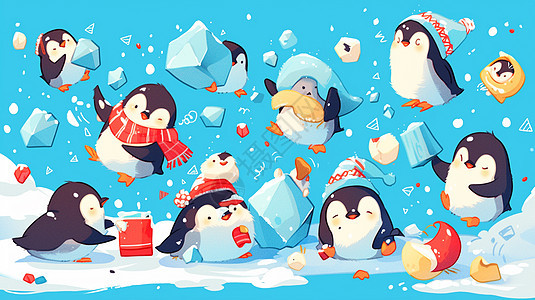 雪地里几只可爱的卡通小企鹅图片
