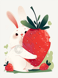 长耳朵可爱的卡通小白兔抱着卡通草莓图片