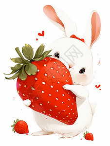 抱着红色大大的草莓的卡通小白兔图片