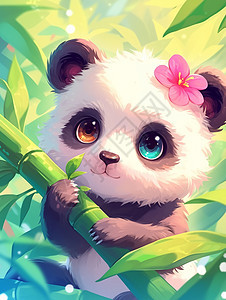 顶着粉色小花在竹林中的可爱卡通大熊猫图片