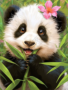 头上顶着粉色小花在竹林中的卡通大熊猫图片