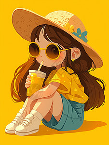 戴草帽和墨镜坐在地上喝饮料的卡通女孩图片